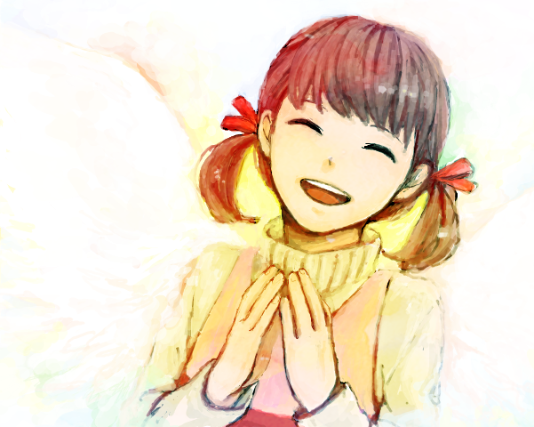 ataxxx22, brown_hair, closed_eyes, doujima_nanako, eyes_closed, open_mouth, persona, persona_4, ribbon, smile, solo, sweater, turtleneck, twintails