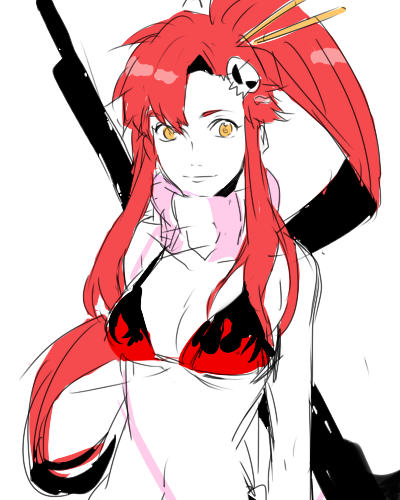 bad_id, bikini_top, gun, hair_ornament, jenny_(praesepe), lowres, navel, ponytail, red_hair, redhead, rifle, scarf, solo, tengen_toppa_gurren_lagann, weapon, yellow_eyes, yoko_littner