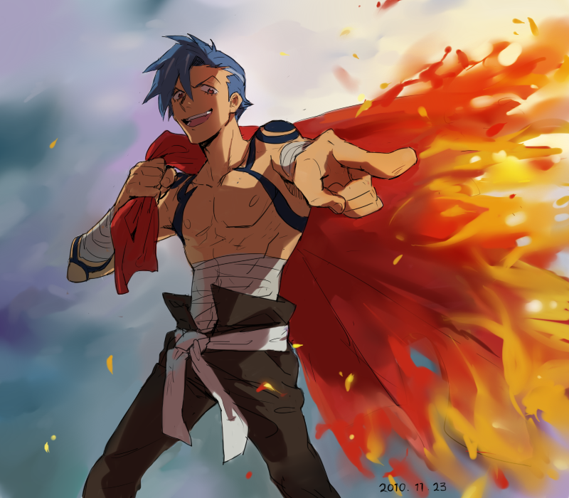 bandage, bandages, belt, blue_hair, jenny_(praesepe), kamina, male, pointing, sarashi, shirtless, solo, tattoo, tengen_toppa_gurren_lagann