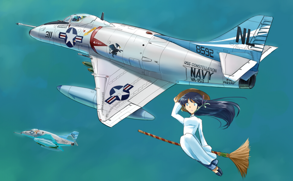 a-4_skyhawk, aircraft, airplane, blue_hair, bomb, broom, broom_riding, drop_tank, flying, hand_on_hat, hat, inui_(jt1116), inui_(pixiv), jet, long_hair, military, multiple_aircraft, original, sidesaddle, vietnamese_dress