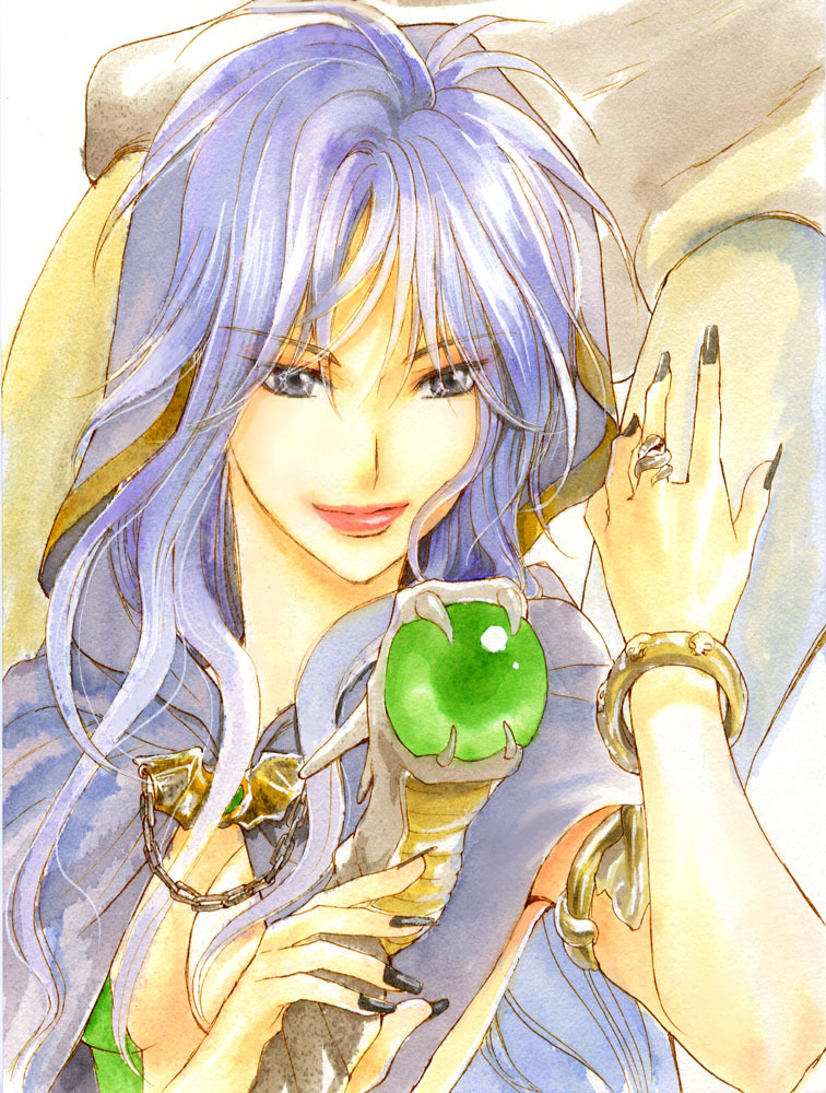 armlet, blue_hair, bracelet, breasts, breath_of_fire, breath_of_fire_i, breath_of_fire_ii, breath_of_fire_iii, breath_of_fire_iv, cleavage, cloak, deis, fingernails, grey_eyes, hood, jewelry, lipstick, long_fingernails, long_hair, makeup, moaiguma, nail_polish, ring, staff