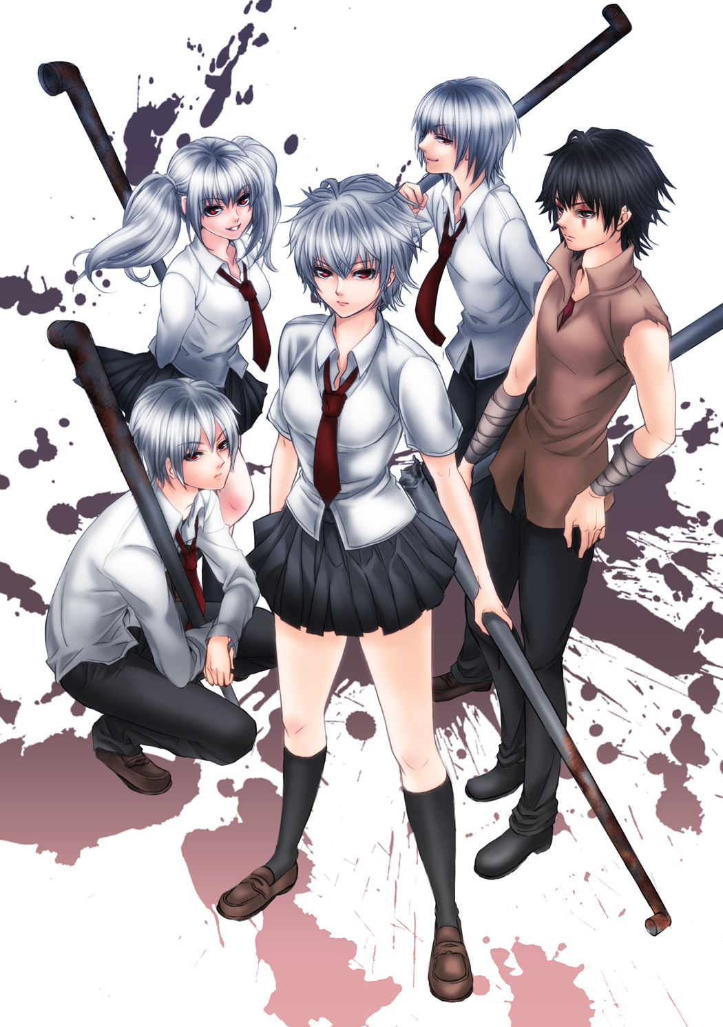 2girls, 3boys, black_hair, black_legwear, grin, highres, kaibutsu, kneehighs