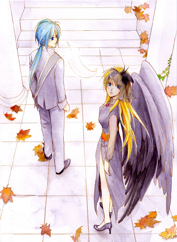 1girl, alternate_costume, angel_wings, black_dress, black_wings, blonde_hair, blue_eyes, breath_of_fire