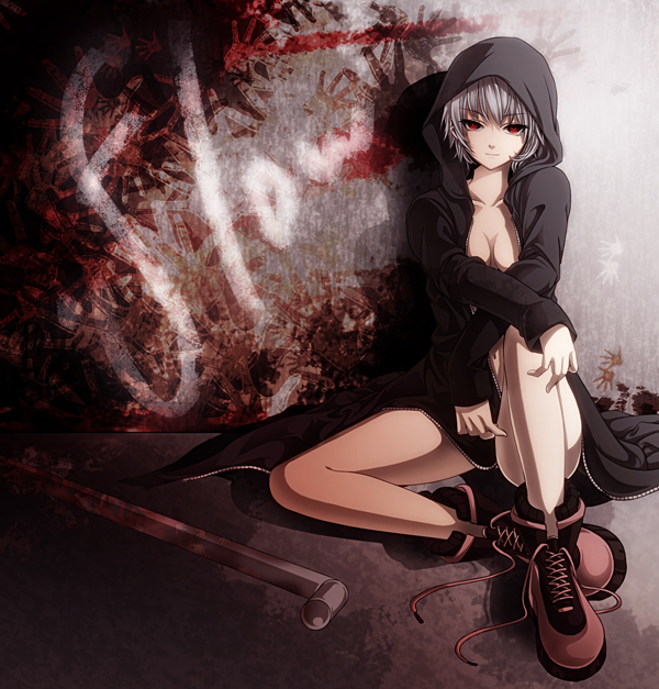 1girl, breasts, cleavage, hood, hoodie, lead_pipe, naked_hoodie, olmatown, open_clothes, red_eyes, sabitsuki, short_hair, sitting, solo, steel_pipe, title_drop, white_hair