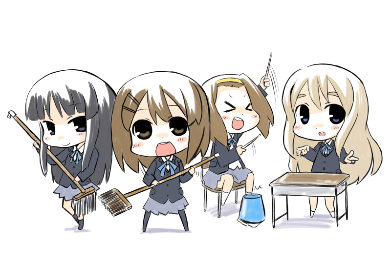 akiyama_mio, bad_id, black_hair, blonde_hair, blue_eyes, blush, broom, brown_eyes