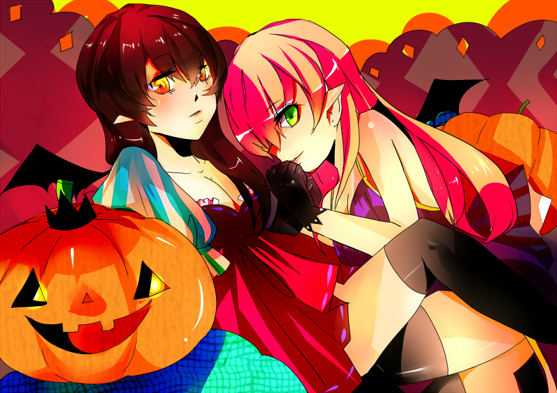 brown_hair, gloves, green_eyes, halloween, jack-o'-lantern, jack-o'-lantern, kochair, multiple_girls, original, pink_hair, pointy_ears, pumpkin, thigh-highs, thighhighs, tigh_highs, wings, yellow_eyes