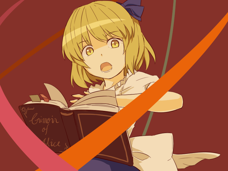 alice_margatroid, alice_margatroid_(pc-98), blonde_hair, book, dress, grimoire, hair_ornament, hair_ribbon, hairband, kawashina_(momen_silicon), open_mouth, ribbon, short_hair, solo, touhou, touhou_(pc-98), yellow_eyes