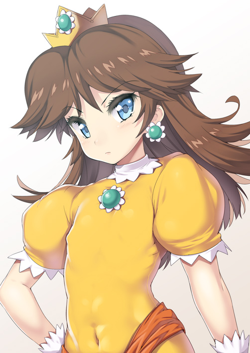 blue_eyes, breasts, brown_hair, crown, dress, earrings, erect_nipples, flat_chest