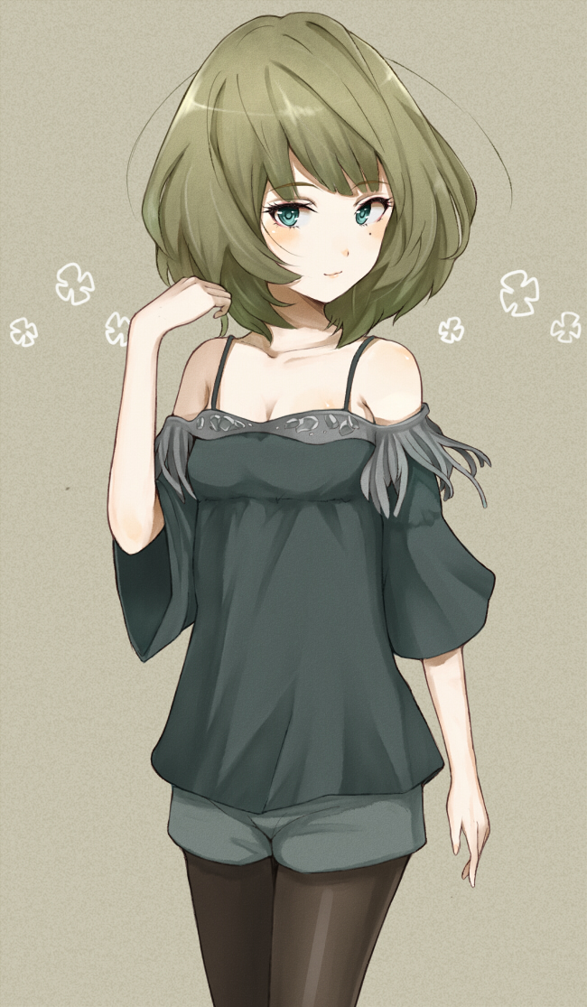 aqua_eyes, bare_shoulders, black_legwear, blush, breasts, cleavage, grey_background, idolmaster