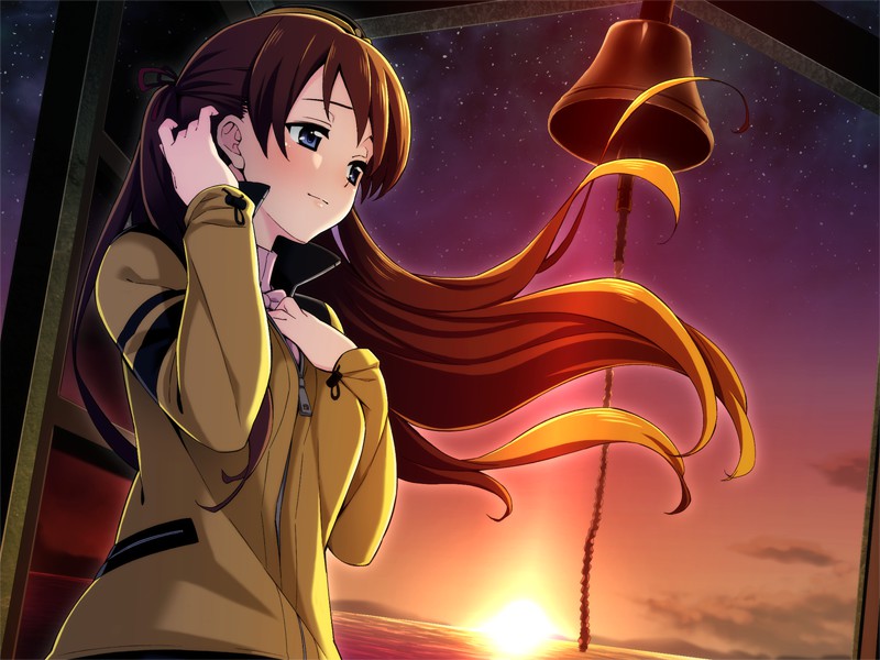 blue_eyes, blush, brown_hair, dutch_angle, game_cg, go!_go!_nippon!_~my_first_trip_to_japan~, hair_ribbon, hand_in_hair, hat, light_smile, long_hair, misaki_makoto, misaki_makoto_(go!_go!_nippon!), natsuki_tomosuke, ribbon, sky, solo, star_(sky), sunset, twilight, very_long_hair, wind