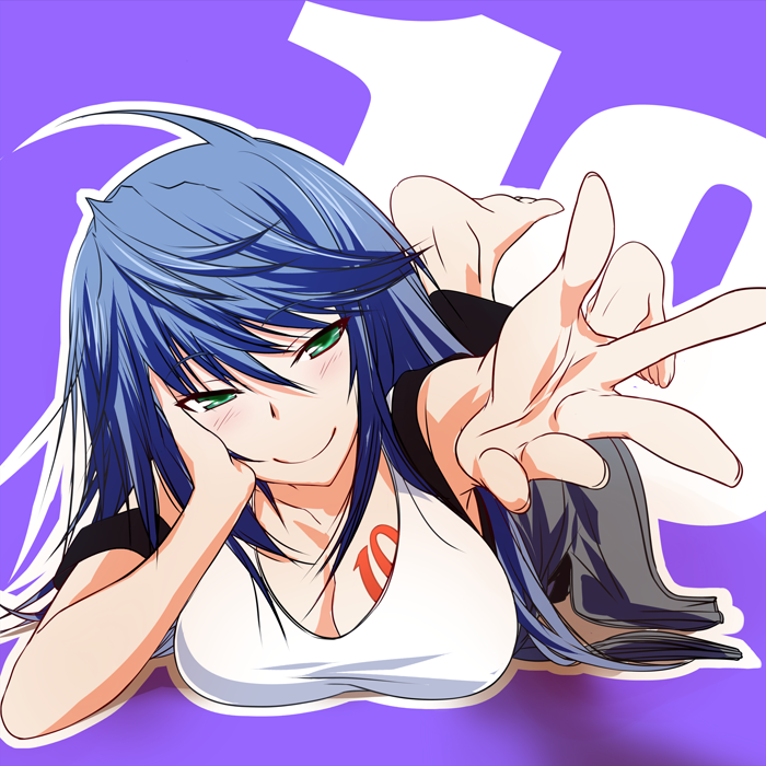 barefoot, blue_hair, blush, breasts, character_request, chin_rest, cleavage, green_eyes