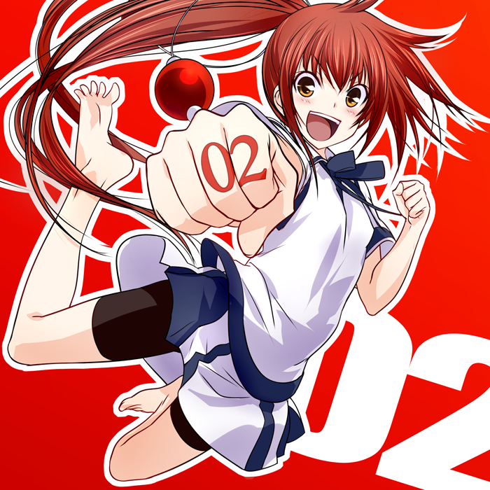 barefoot, bike_shorts, blush, brown_hair, clenched_hands, countdown, fist, foreshortening, hands, happy, kawagishi_keitarou, kawakami_kazuko, maji_de_watashi_ni_koi_shinasai!, majikoi, open_mouth, ponytail, ribbon, school_uniform, wagi, yellow_eyes
