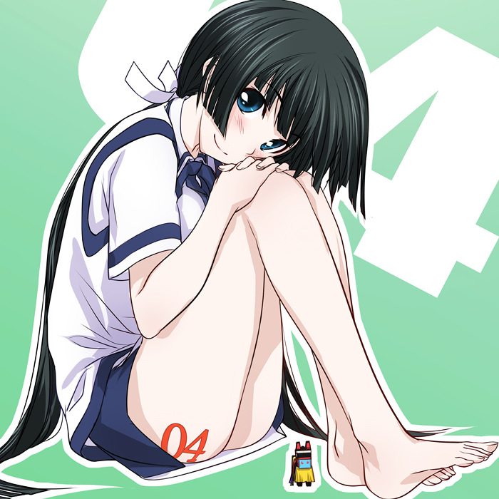 bare_legs, barefoot, blue_eyes, blush, feet, green_hair, kawagishi_keitarou, long_hair
