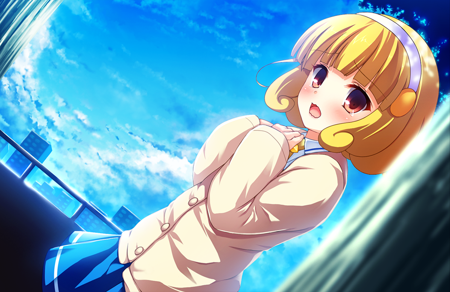 aqua_background, blonde_hair, blue_background, brown_eyes, cardigan, cloud, dutch_angle, hairband