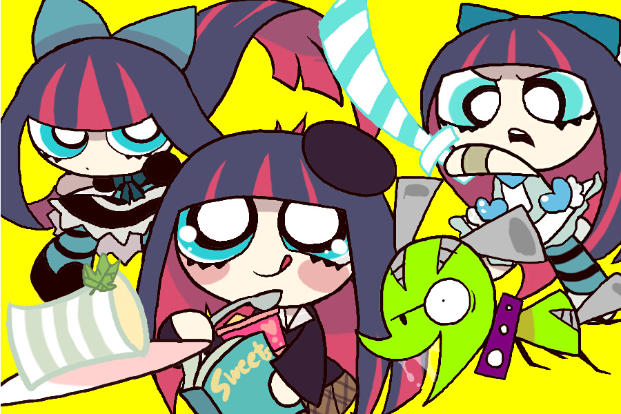 :p, blue_eyes, blush, book, bow, chuck, chuck_(psg), hair_bow, hat, hono1212, multicolored_hair, multiple_persona, panty_&amp;_stocking_with_garterbelt, parody, powerpuff_girls, smile, stocking_(character), stocking_(psg), style_parody, sword, two-tone_hair, weapon