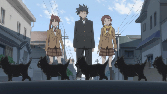 2girls, animated, animated_gif, black_cat, blazer, cat, gakuran, gif