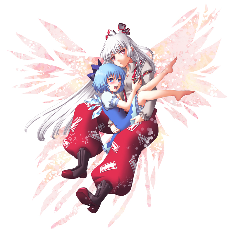 barefoot, blue_hair, boots, bow, carrying, cirno, en_la_festa, fujiwara_no_mokou, hair_bow, ice, ice_wings, long_hair, multiple_girls, pants, short_hair, silver_hair, touhou, white_background, wings
