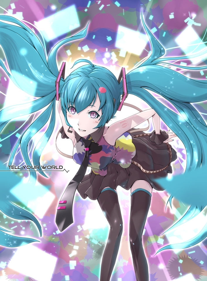 aqua_hair, bent_over, hatsune_miku, headset, long_hair, magzz, necktie, purple_eyes