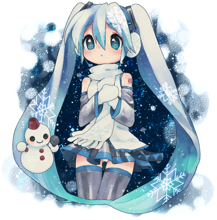 aqua_eyes, aqua_hair, earmuffs, hands_on_own_chest, hatsune_miku, long_hair, microphone, mittens