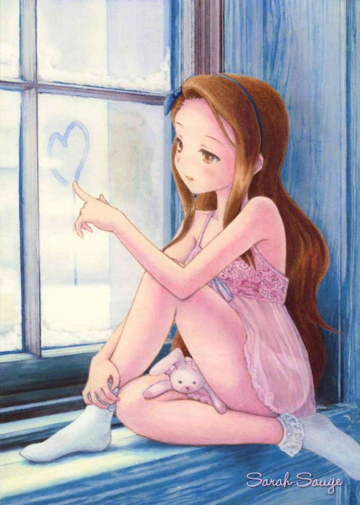 acrylic_paint_(medium), artist_name, babydoll, bad_id, bare_shoulders, bobby_socks, brown_eyes, brown_hair
