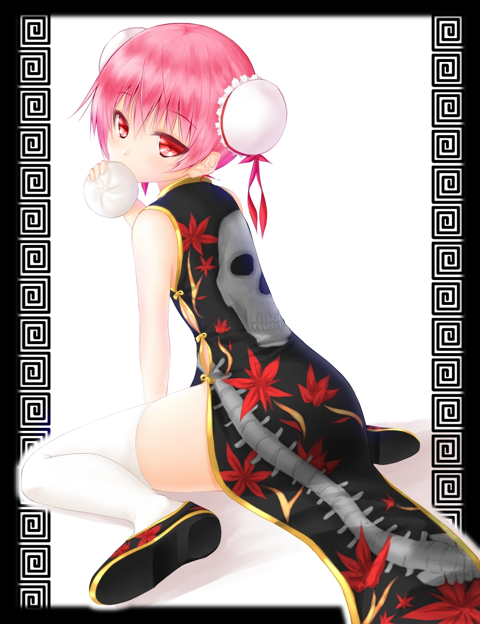 china_dress, chinese_clothes, double_bun, eating, food, highres, inu_x_boku_ss, nikuman