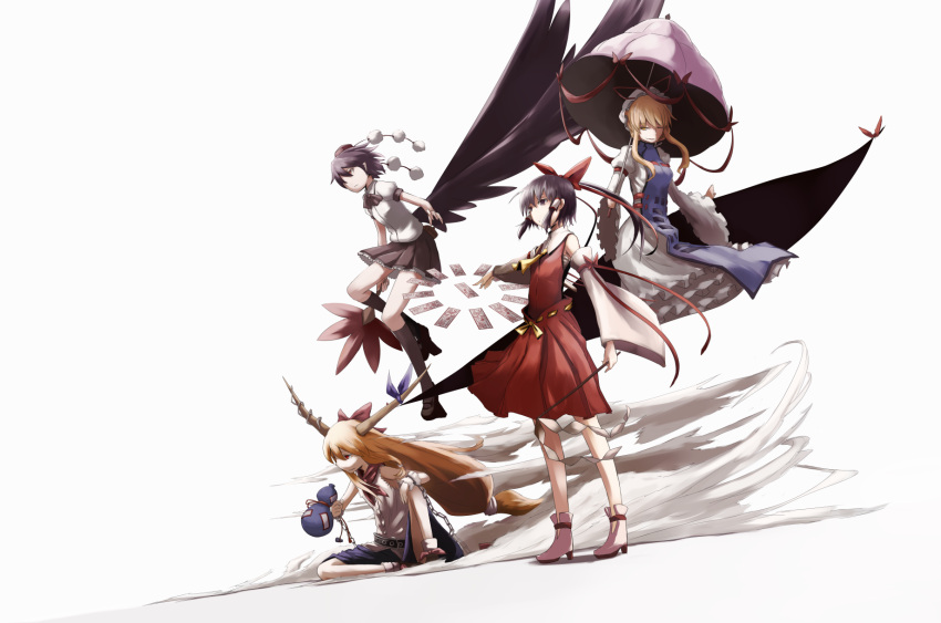 arm_ribbon, ascot, bare_shoulders, belt, black_hair, black_legwear, black_wings, blonde_hair