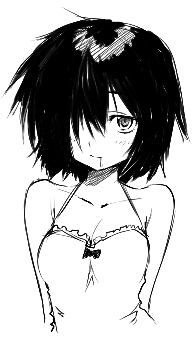 face, hair_over_one_eye, nazo_no_kanojo_x, saliva, short_hair, sketch, takesinobu, urabe_mikoto