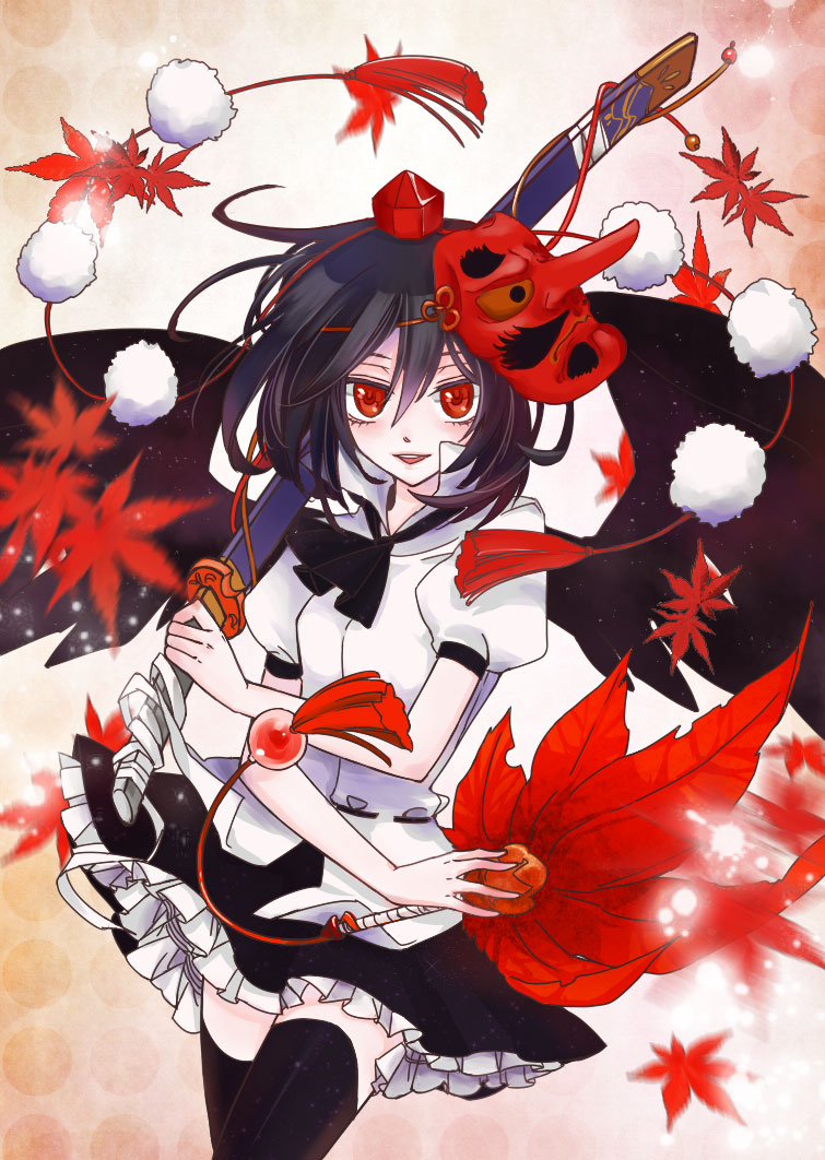 black_hair, bow, hat, highres, lay, leaf, mask, open_mouth, red_eyes, shameimaru_aya, short_hair, skirt, smile, solo, sword, tengu_mask, thigh-highs, thighhighs, tokin_hat, touhou, weapon, wings