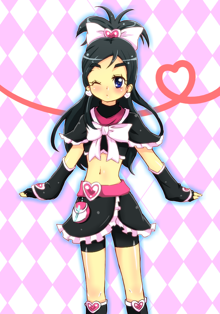 ao_mikan, argyle, argyle_background, bike_shorts, black_dress, blue_eyes, blush, boots