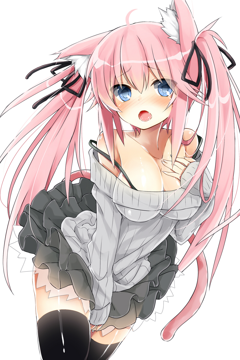 animal_ears, bare_shoulders, black_legwear, blue_eyes, blush, book, breasts, cat_ears, cat_tail, cleavage, fang, frilled_skirt, hair_ribbon, hand_on_own_chest, highres, kazu_kakao, long_hair, open_mouth, original, pink_hair, ribbed_sweater, ribbon, saliva, simple_background, skirt, solo, strap, strap_slip, sweater, tail, thigh-highs, thighhighs, twintails, white_background