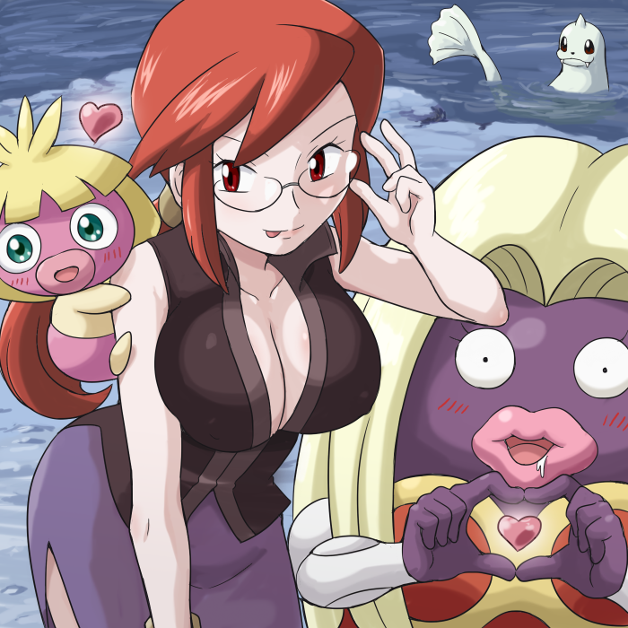 1girl, :p, adjusting_glasses, breasts, cleavage, dewgong, erect_nipples, from_above