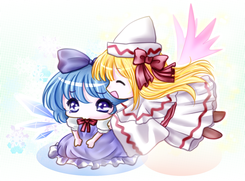 blonde_hair, blue_dress, blue_eyes, blue_hair, bow, chibi, cirno, closed_eyes