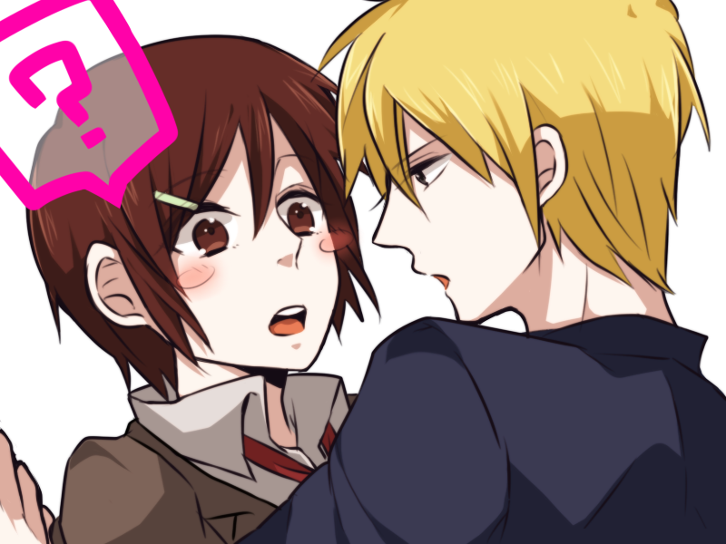 1girl, ?, atsumi-sama, atumi, blonde_hair, blush, blush_stickers, brown_eyes