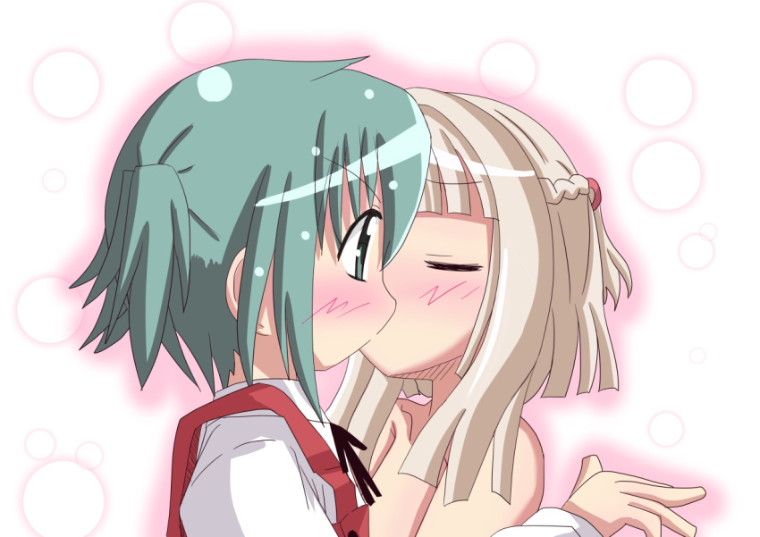 2girls, green_hair, hidamari_sketch, kiss, multiple_girls, naruse_mahi, nazuna, nori, nude, school_uniform, short_hair, yuri