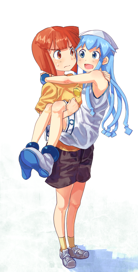 aizawa_eiko, blue_eyes, blue_hair, brown_eyes, brown_hair, carrying, casual, dress