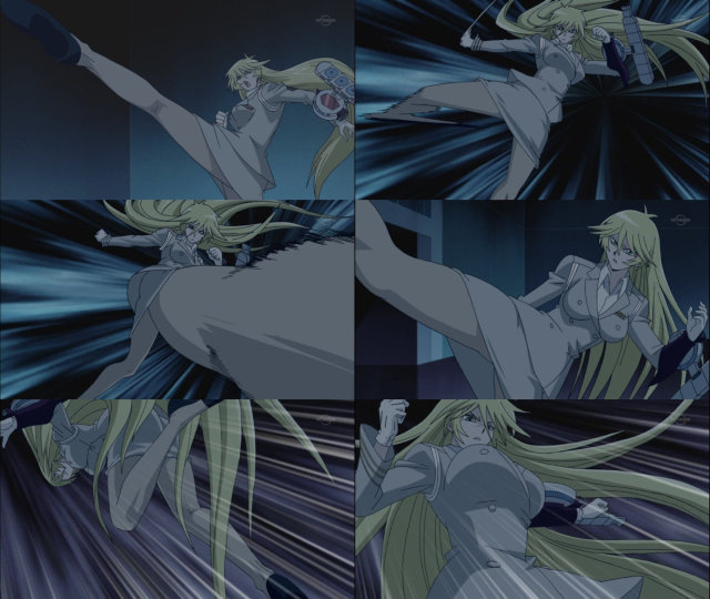 blonde_hair, breasts, cap, cleavage, gloves, green_eyes, jpeg_artifacts, kick