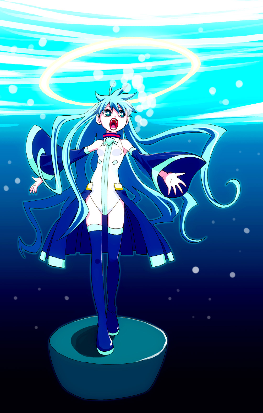 alternate_costume, alternate_hairstyle, aqua_eyes, aqua_hair, bare_shoulders, detached_sleeves, hatsune_miku, highres