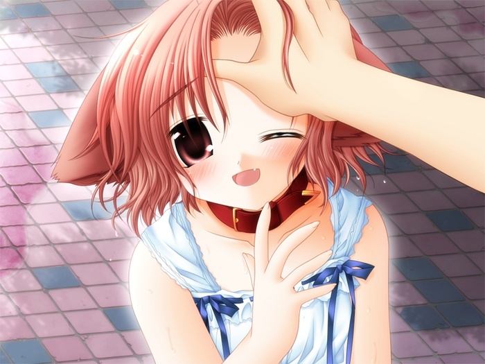 blush, child, collar, dog_ears, dress, fang, game_cg, happy