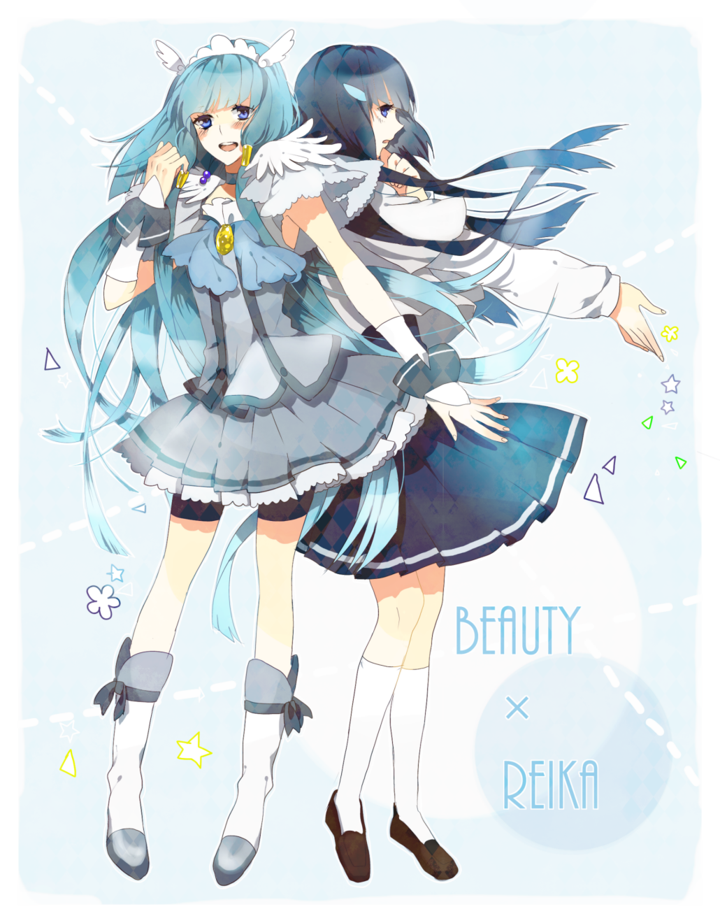 aoki_reika, back-to-back, bad_id, bike_shorts, blue_dress, blue_eyes, blue_hair, boots, character_name, choker, cure_beauty, dress, dual, dual_persona, hair_ornament, hair_tubes, hairclip, head_wings, highres, kurohal, long_hair, magical_girl, multiple_girls, payot, persona, precure, school_uniform, shorts_under_skirt, skirt, smile, smile_precure!, tiara, white_background, wrist_cuffs