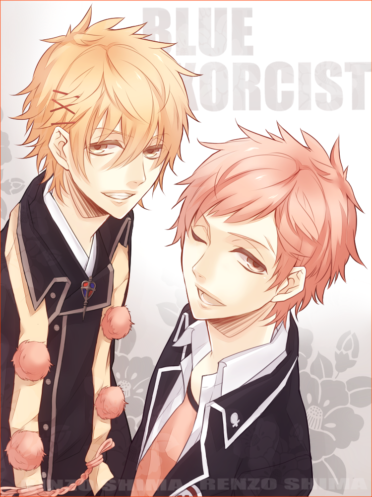 2boys, :d, ao_no_exorcist, blonde_hair, border, brown_eyes, character_name, grin