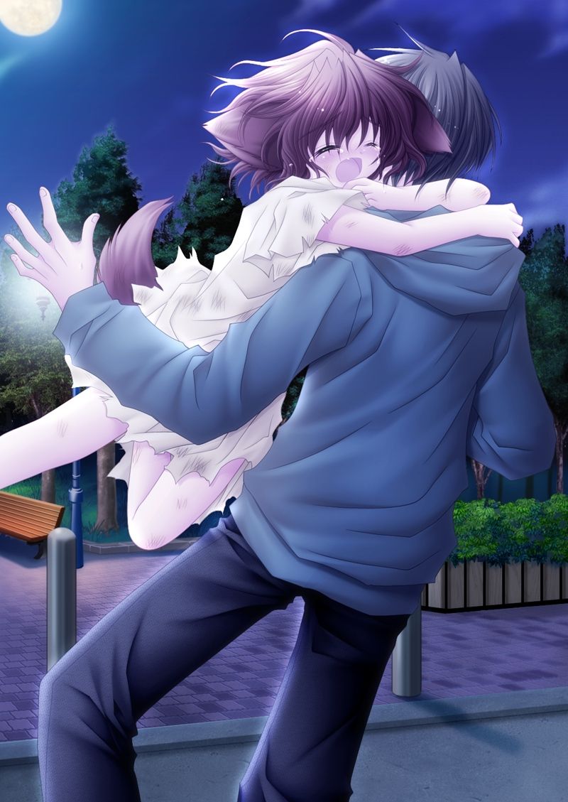 1girl, age_difference, animal_ears, bench, black_hair, blush, child, couple