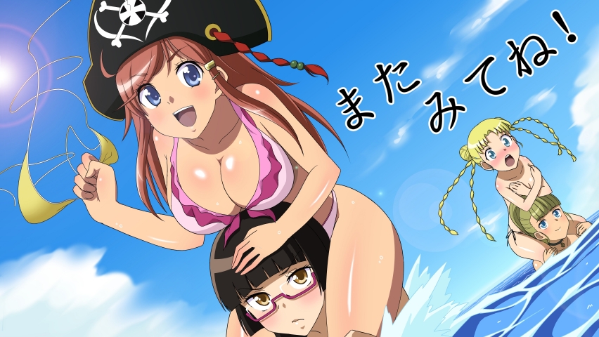 bangs, bikini, bikini_top, black_hair, blonde_hair, blue_eyes, blush, breast_hold