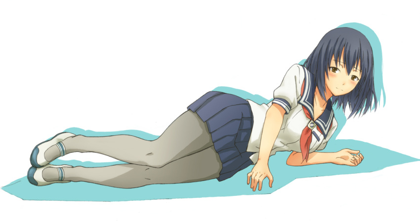 black_hair, black_legwear, blush, brown_eyes, character_request, lying, misumi_tomoe, niimi_haruka, on_side, pantyhose, photokano, school_uniform, serafuku, shoes, short_hair, skirt, smile, solo, suneo_(goten), uwabaki