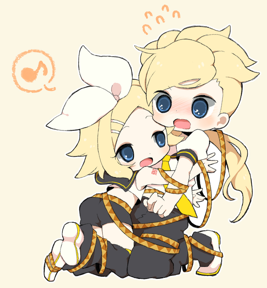 blonde_hair, blue_eyes, blush, bow, brother_and_sister, chibi, cosplay, gundam
