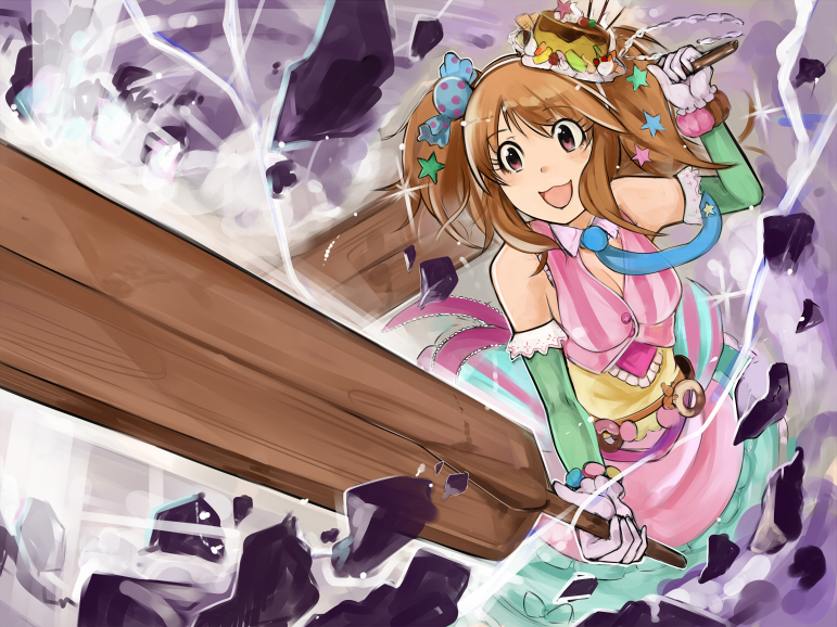 1girl, :3, :d, breaking, breasts, brown_eyes, brown_hair, cleavage
