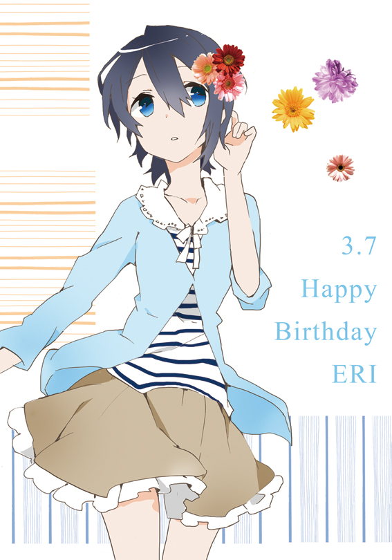 bad_id, black_hair, blue_eyes, cardigan, flower, hair_flower, hair_ornament, idolmaster