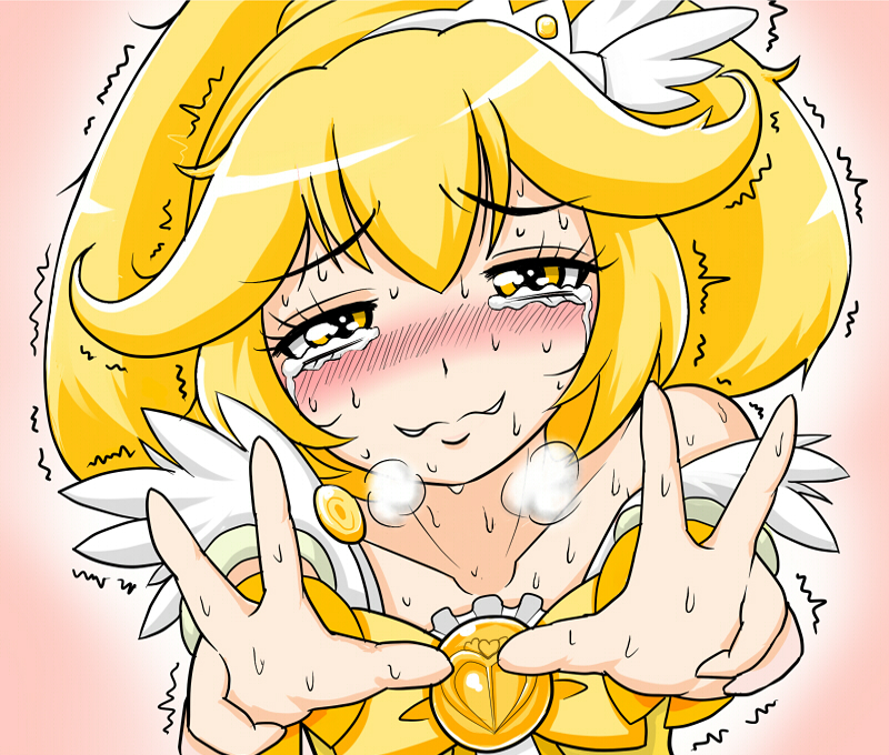1girl, blonde_hair, blush, cure_peace, double_v, dsk, kise_yayoi, off_shoulder