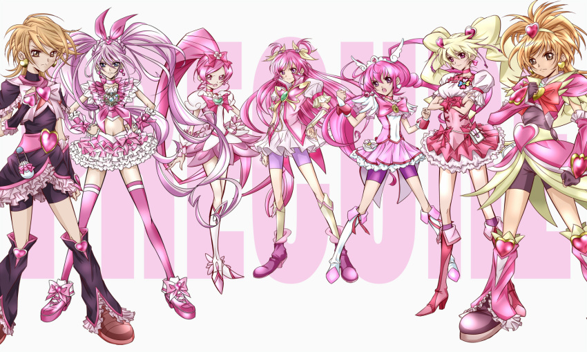 bike_shorts, blonde_hair, blue_eyes, boots, brown_hair, choker, color_connection, crescendo_cure_melody, crossed_arms, cure_angel, cure_black, cure_bloom, cure_blossom, cure_dream, cure_happy, cure_melody, cure_peach, earrings, fresh_precure!, futari_wa_precure, futari_wa_precure_splash_star, hanasaki_tsubomi, hand_on_hip, hands_on_hips, heart, heartcatch_precure!, highres, hips, hoshizora_miyuki, houjou_hibiki, hyuuga_saki, jewelry, kojikoji, long_hair, magical_girl, midriff, misumi_nagisa, momozono_love, multiple_girls, navel, odd_one_out, pink_eyes, pink_hair, pink_legwear, ponytail, precure, short_hair, shorts_under_skirt, skirt, smile_precure!, suite_precure, super_silhouette_(heartcatch_precure!), thigh-highs, thighhighs, tiara, title_drop, twintails, very_long_hair, yes!_precure_5, yumehara_nozomi