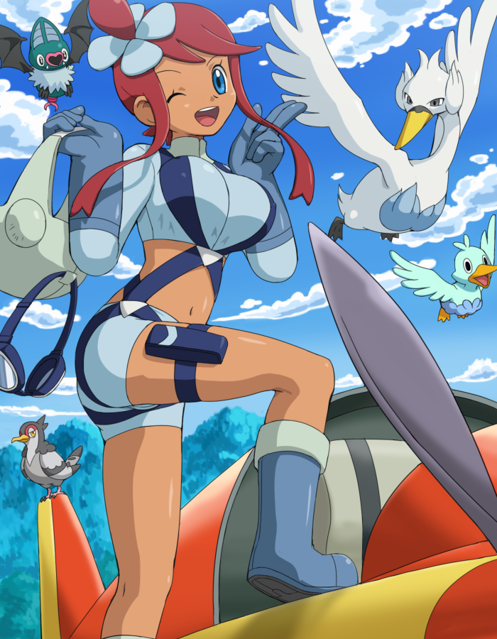 1girl, belt, blue_eyes, blue_sky, boots, breasts, cloud, ducklett, flight_goggles, fuuro_(pokemon), gloves, goggles, hair_ornament, heart, knee_boots, large_breasts, leg_lift, looking_at_viewer, midriff, mountain, navel, pokemoa, pokemon, pokemon_(creature), pokemon_(game), pokemon_black_and_white, pokemon_bw, propeller, red_hair, redhead, shorts, sky, smile, standing, standing_on_object, swanna, swoobat, thigh_strap, tranquill, vehicle, wink