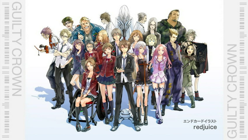 6+girls, animal_ears, annotated, beard, black_hair, blonde_hair, blue_eyes, boots, brown_eyes, brown_hair, cat_ears, dan_eagleman, daryl_yan, everyone, eyecatch, facial_hair, flower, fyu-neru, glasses, grey_eyes, guilty_crown, hair_flower, hair_ornament, hat, kido_kenji, kuhouin_arisa, kusama_kanon, kyou_(guilty_crown), long_hair, menjou_hare, multicolored_hair, multiple_boys, multiple_girls, necktie, official_art, oogumo, open_mouth, ouma_haruka, ouma_kurosu, ouma_mana, ouma_shuu, pink_hair, purple_hair, redjuice, rowan_(guilty_crown), samukawa_yahiro, school_uniform, segai_waltz_makoto, shibungi, shinomiya_ayase, shirt, short_hair, skirt, smile, thigh-highs, thighhighs, tsugumi_(guilty_crown), tsukishima_arugo, tsutsugami_gai, twintails, two-tone_hair, wheelchair, white_hair, yuu_(guilty_crown), yuzuriha_inori, zettai_ryouiki